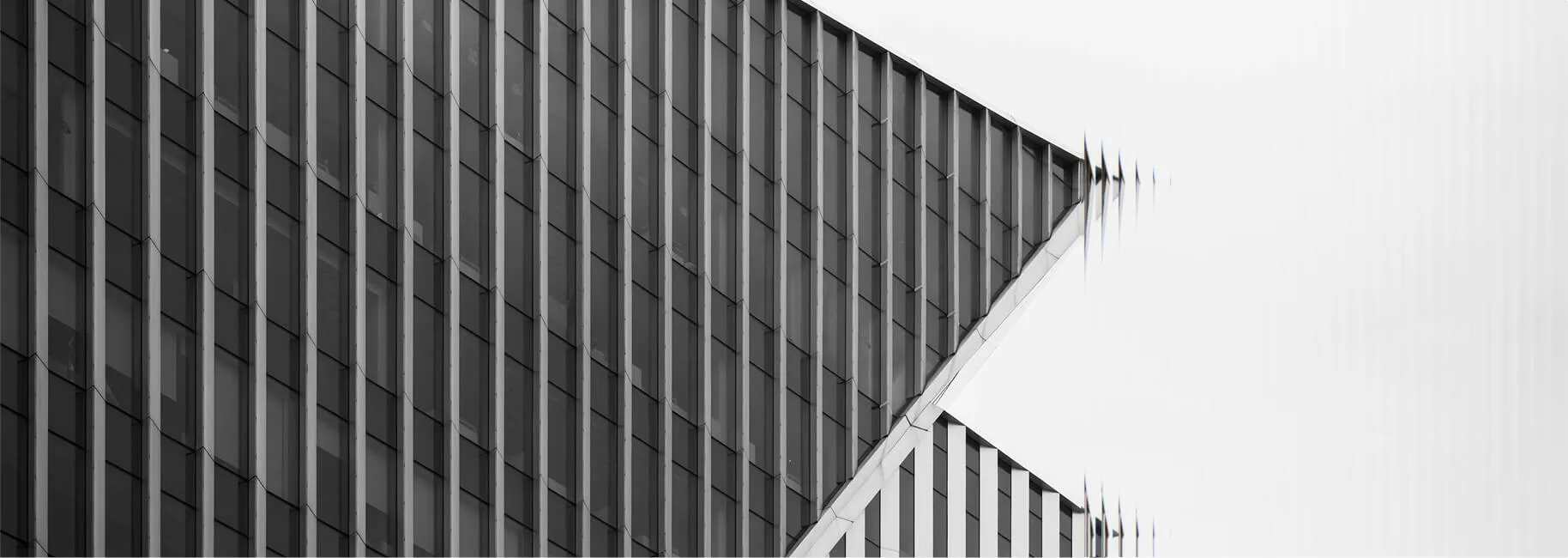 Black and white facade of a modern glass office building seen from below
