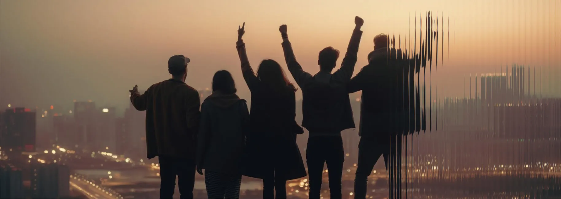 Silhouettes of five people overlooking a city skyline at sunset