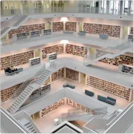Multi-level library atrium with bookshelves